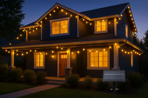 House with string lights and a solar panel at night