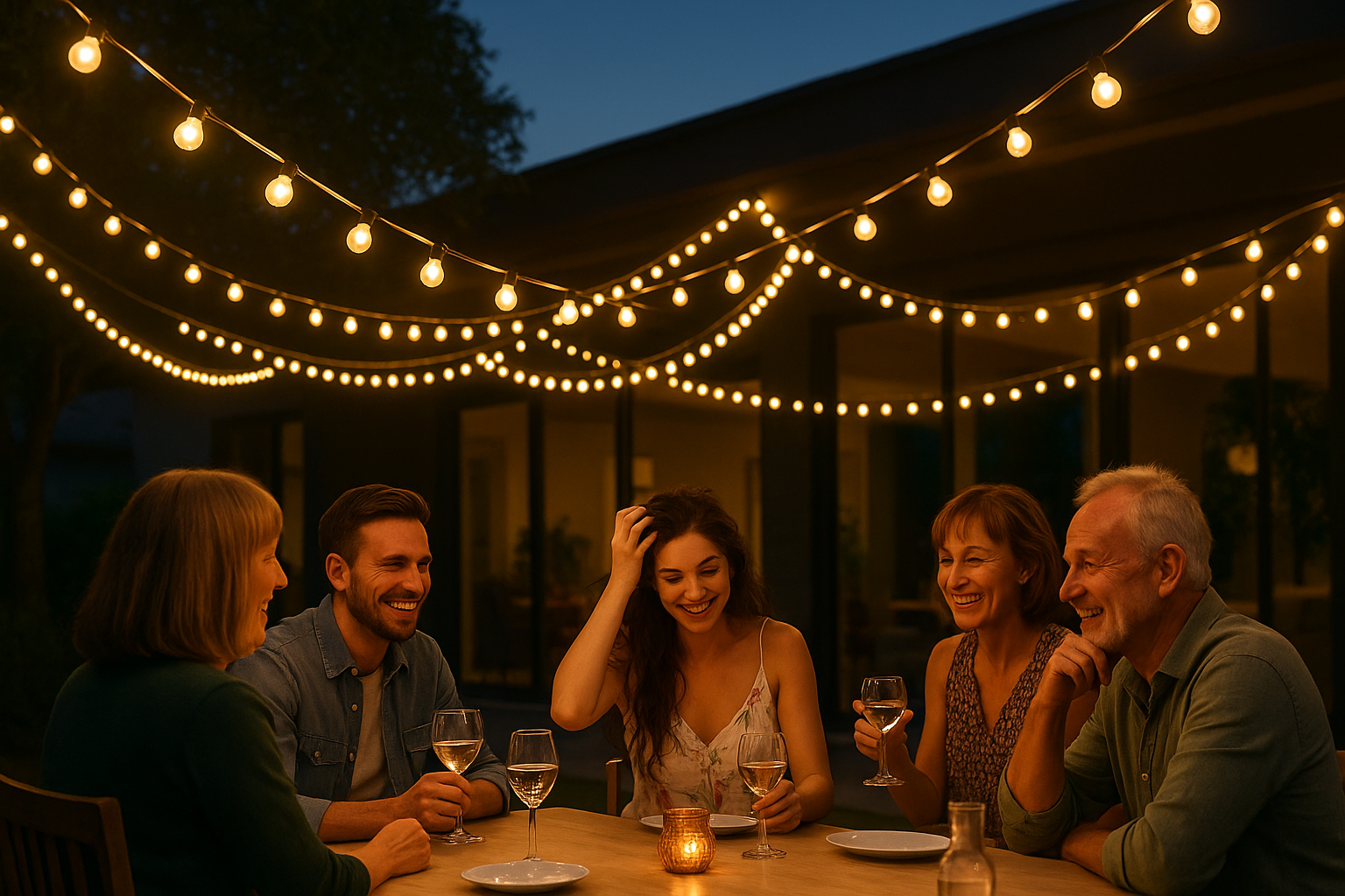 Group of people sitting around a table at night with string lights above them