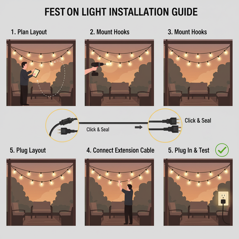 48FT Festoon Lights – Waterproof Warm White 15 LED Bulbs for Garden & Patio