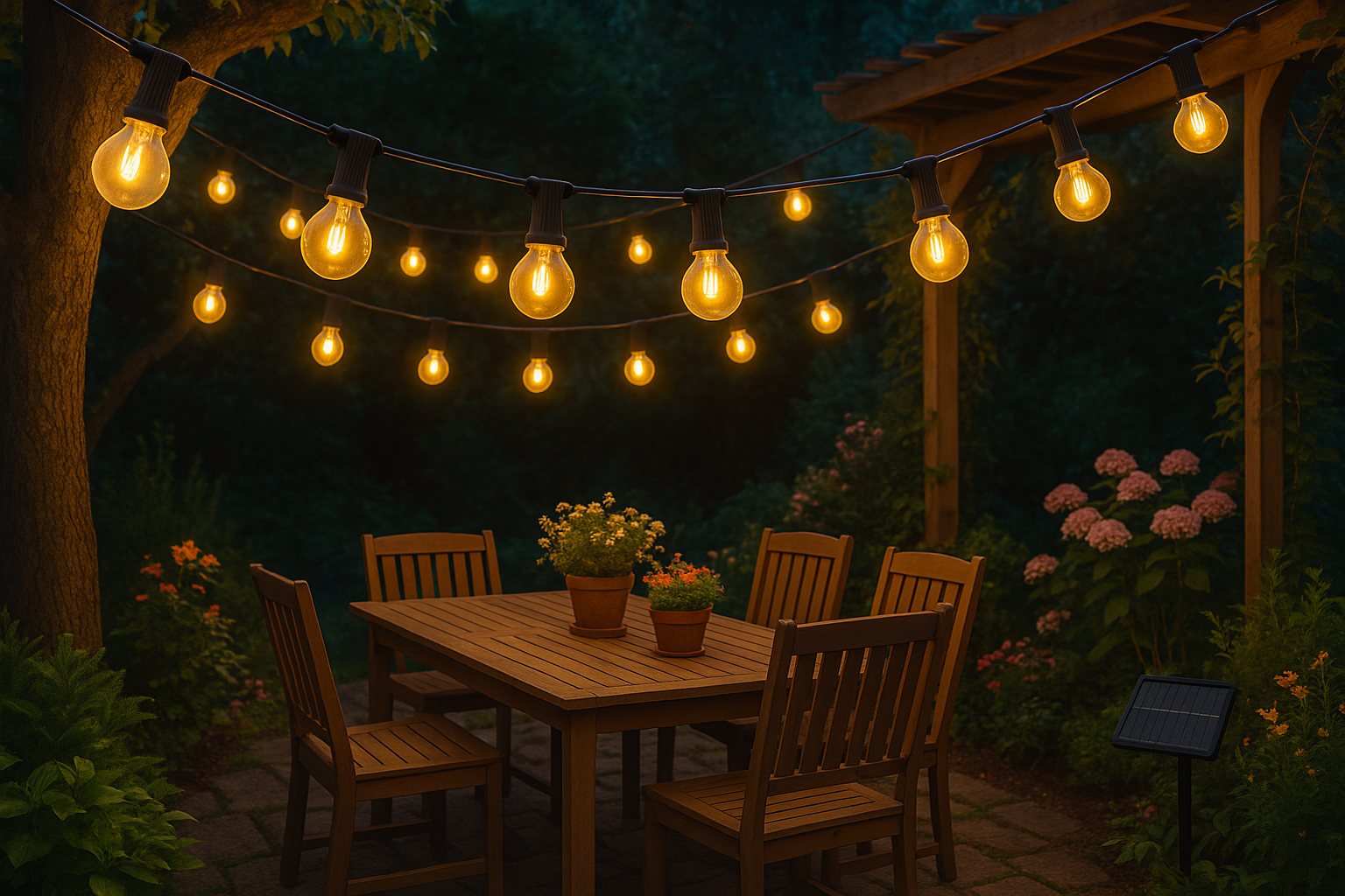 String lights above an outdoor dining table with chairs, set against a dark background.