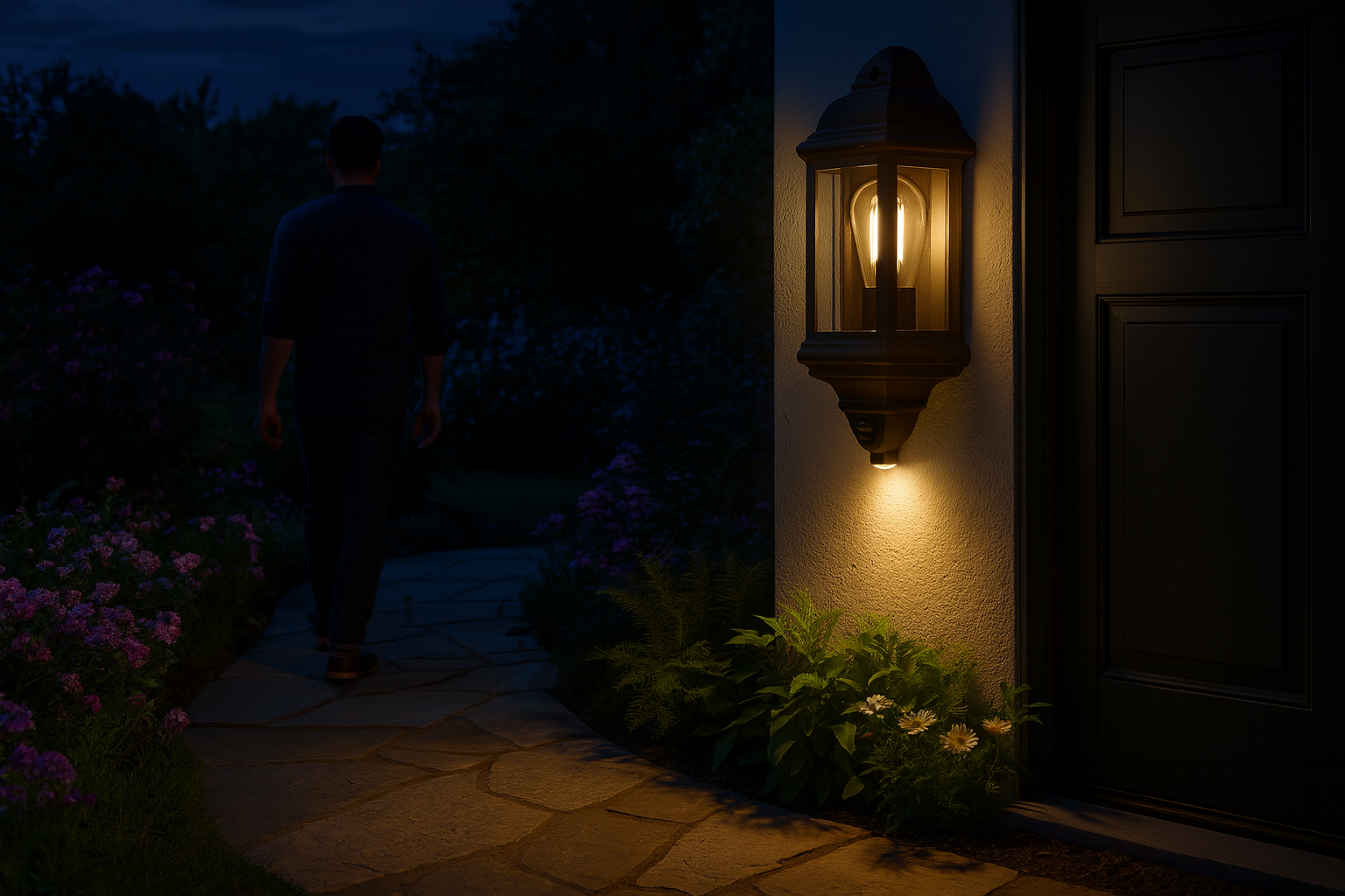 Person walking towards a illuminated outdoor wall light at night.