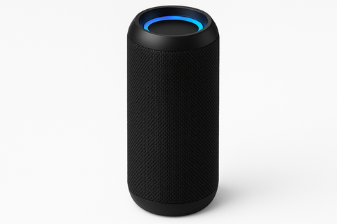 Black smart speaker with a blue light on a white background