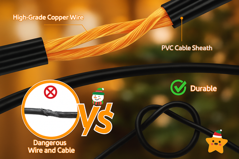Comparison of high-grade copper wire with PVC cable sheath against dangerous wire and cable on a blurred background.