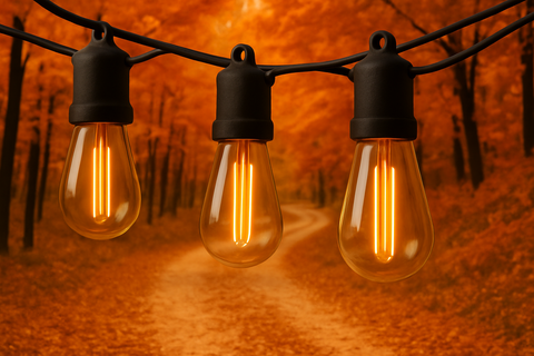 Three illuminated light bulbs hanging on a string with a warm, blurred outdoor background.