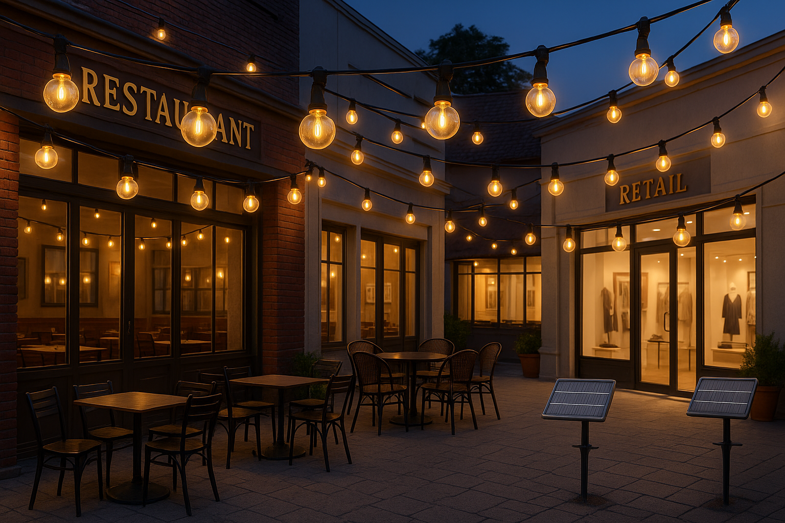 Evening view of a restaurant and retail area with string lights and tables.