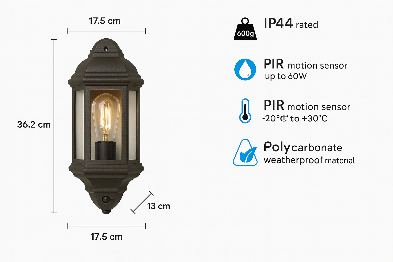 Outdoor wall light fixture with dimensions and features on a white background