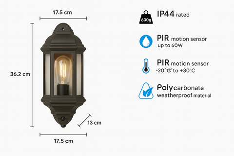 Outdoor wall light fixture with dimensions and features on a white background
