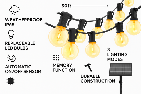 String lights with features listed on a white background