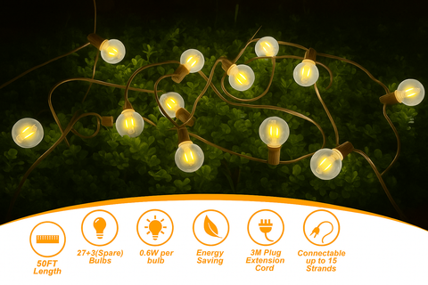 50ft Mains Powered Hanging Festoon Lights With 30 Bulbs