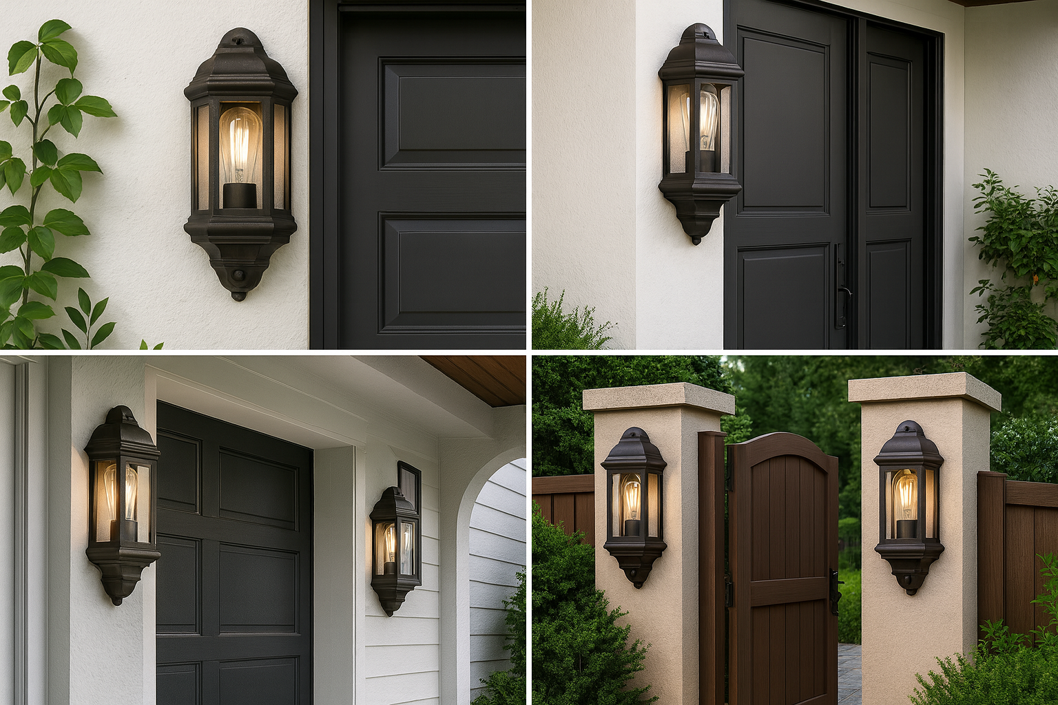 Collage of outdoor light fixtures on various architectural elements.