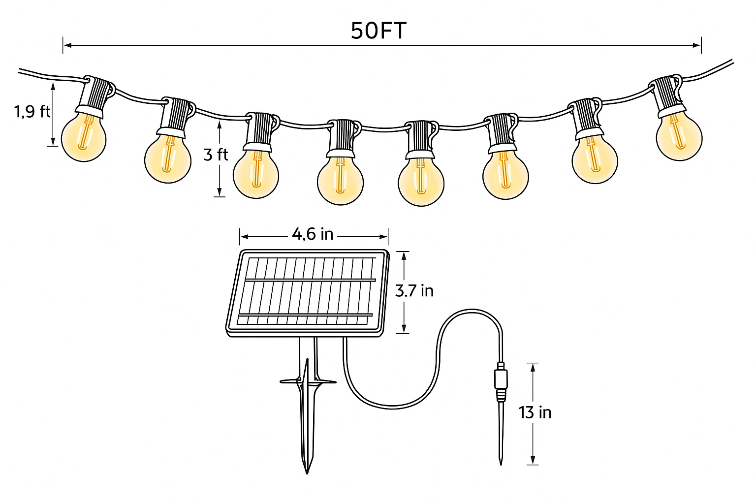 Diagram of outdoor string lights with solar panel and measurements on a white background