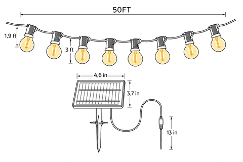 Diagram of outdoor string lights with solar panel and measurements on a white background