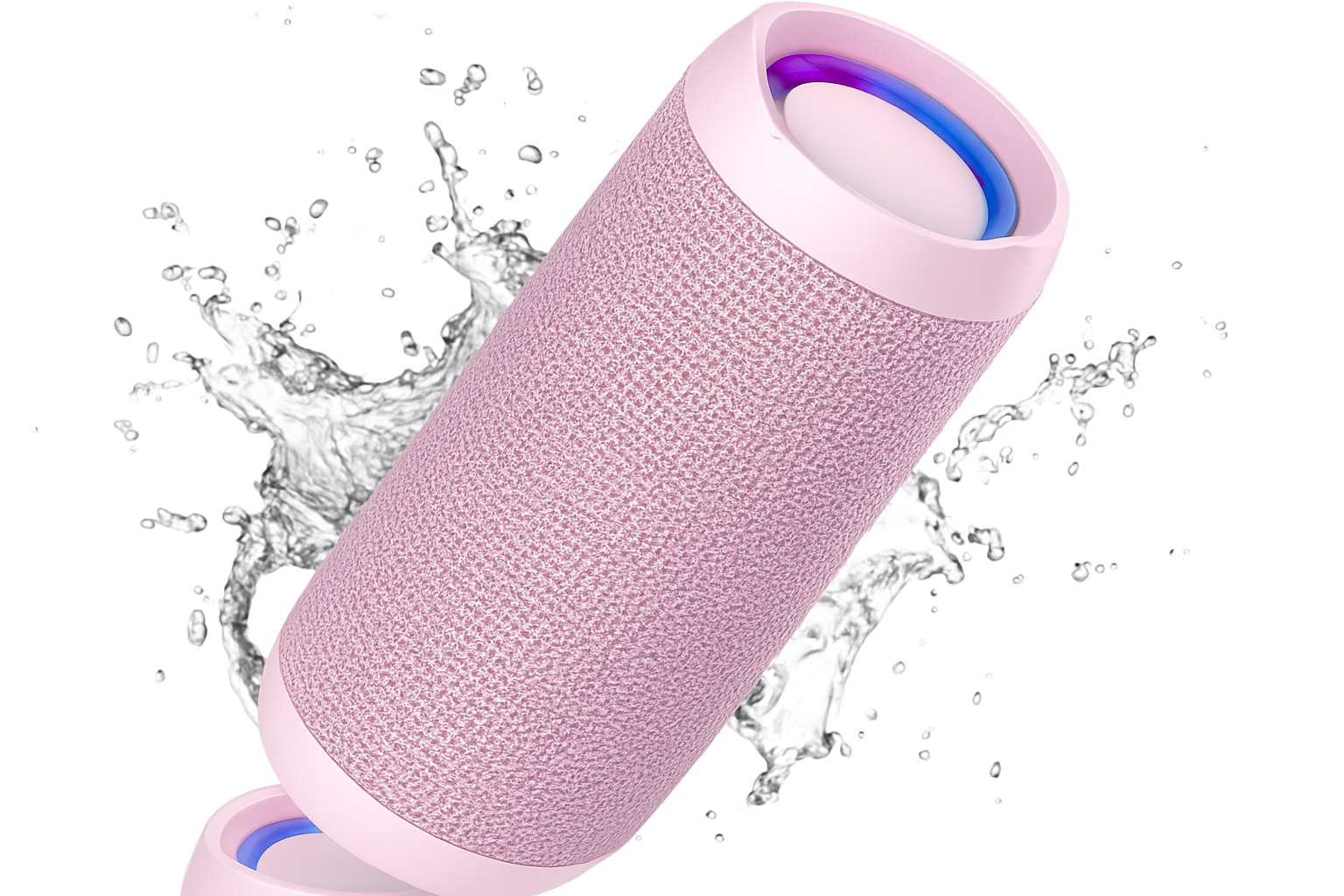 Pink Bluetooth speaker with water splashes on a white background