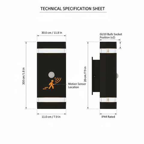 Up Down Black Outdoor Wall Light with PIR Motion Sensor– IP65 LED