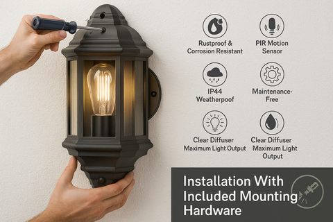 Black Outdoor Wall Motion Sensor Lantern – Traditional Vintage Half Wall PIR Light Fixture