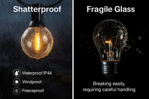 Comparison of shatterproof light bulb and fragile glass light bulb with text and icons.