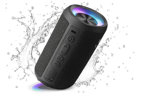 Black portable Bluetooth speaker with water splashes on a white background