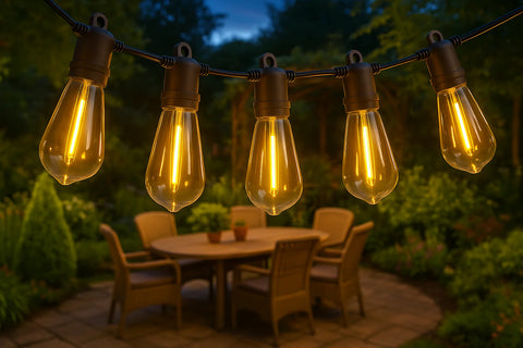 String of illuminated light bulbs hanging above an outdoor dining table with a blurred background