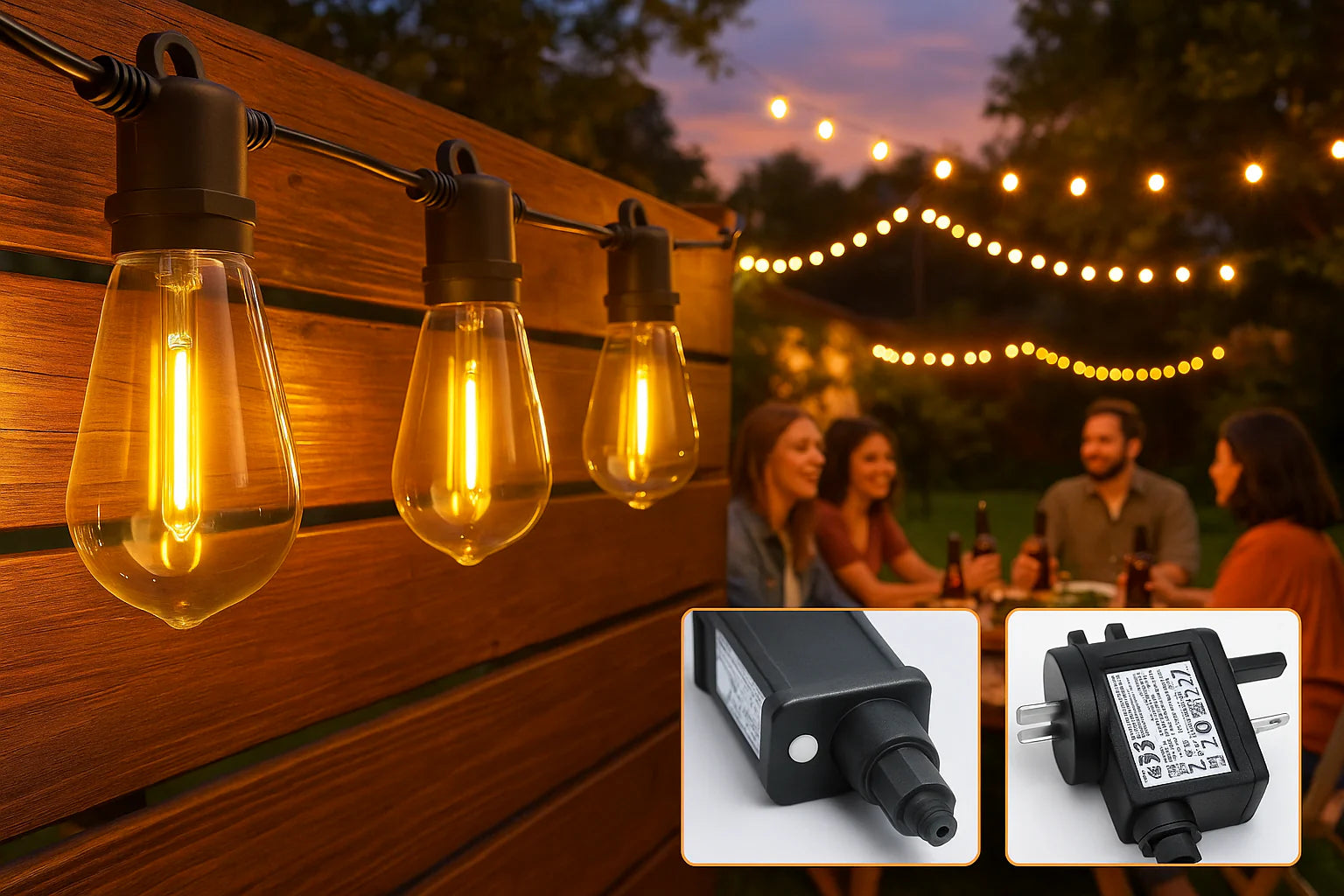 String lights on a wooden wall with people sitting outdoors, inset images of electrical components.