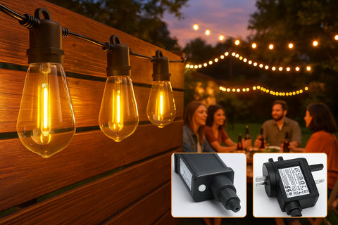 String lights on a wooden wall with people sitting outdoors, inset images of electrical components.