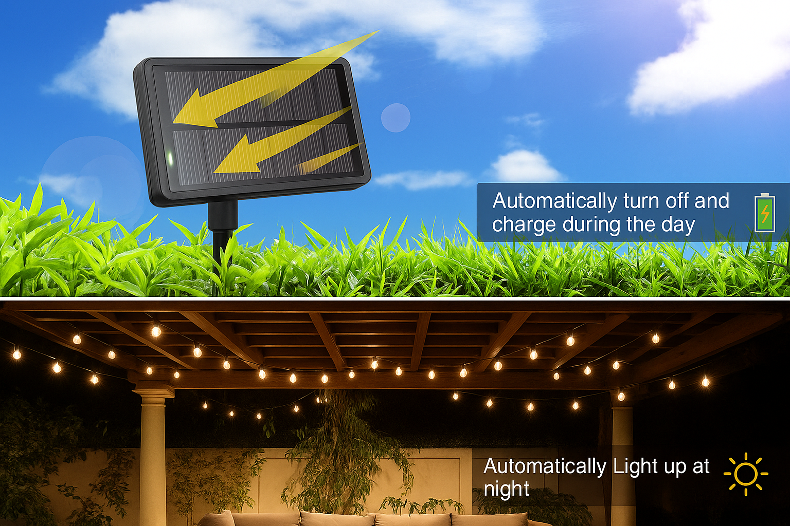 Solar light system with grass and blue sky background