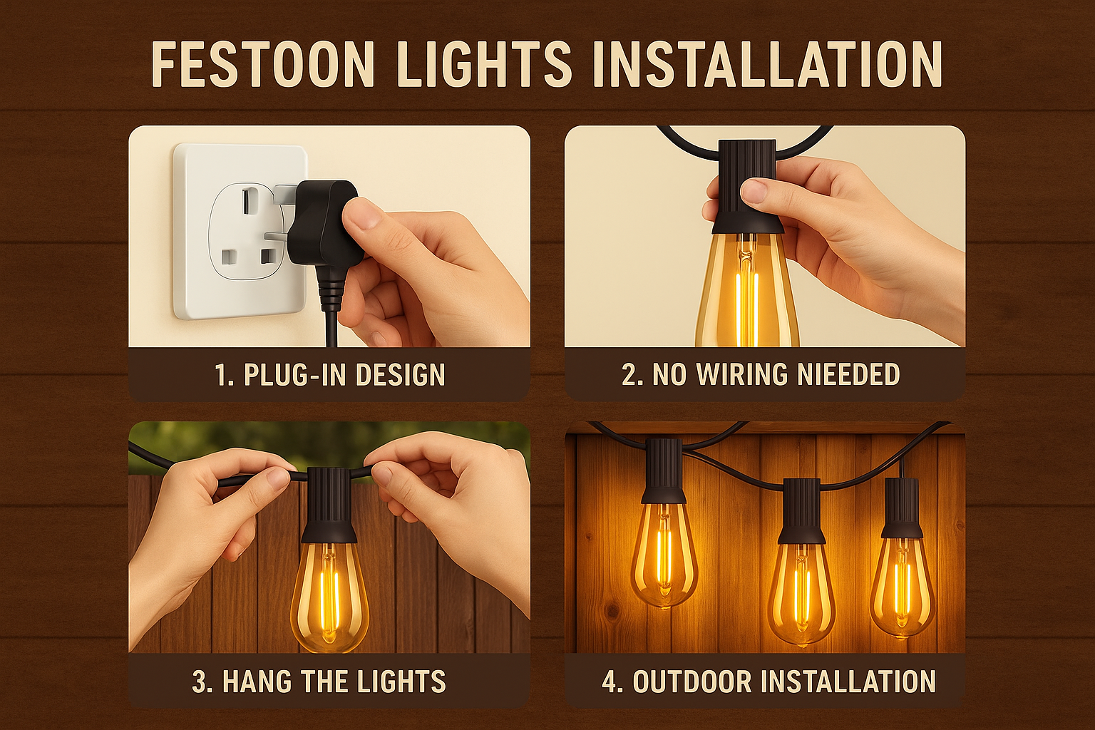 Step-by-step guide to installing festoon lights with text and images.