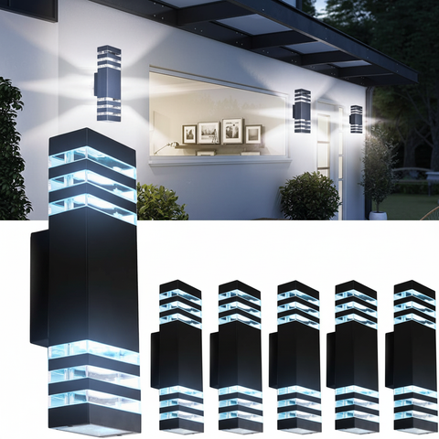 Outdoor Up And Down Light, 3 Layers Black Modern LED Wall Sconce - Waterproof Porch Light, With E27 Bulbs