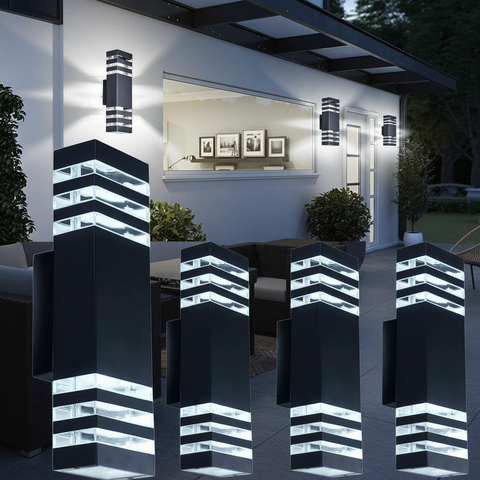 Outdoor Up And Down Light, 3 Layers Black Modern LED Wall Sconce - Waterproof Porch Light, With E27 Bulbs