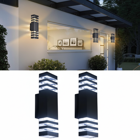 Outdoor Up And Down Light, 3 Layers Black Modern LED Wall Sconce - Waterproof Porch Light, With E27 Bulbs