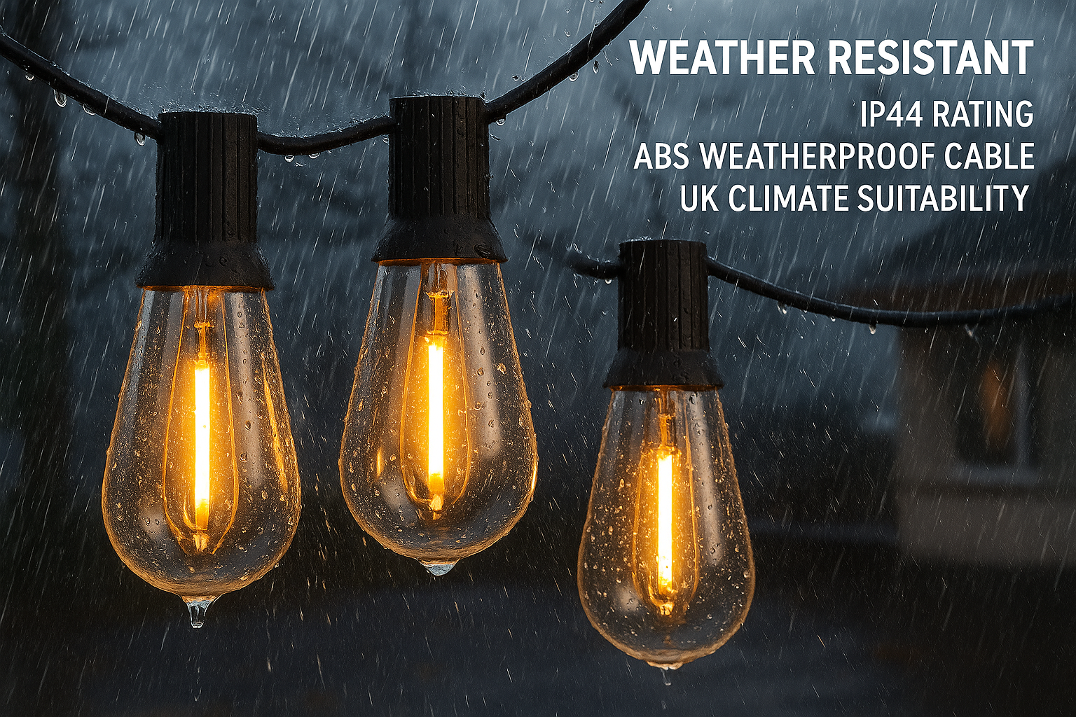 Three weather-resistant outdoor light bulbs hanging in the rain with text about their features.