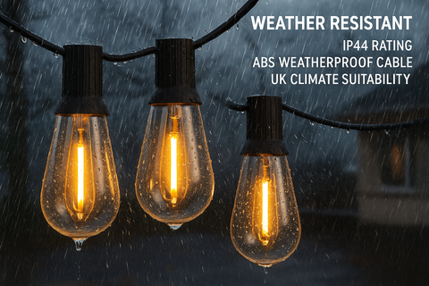Three weather-resistant outdoor light bulbs hanging in the rain with text about their features.