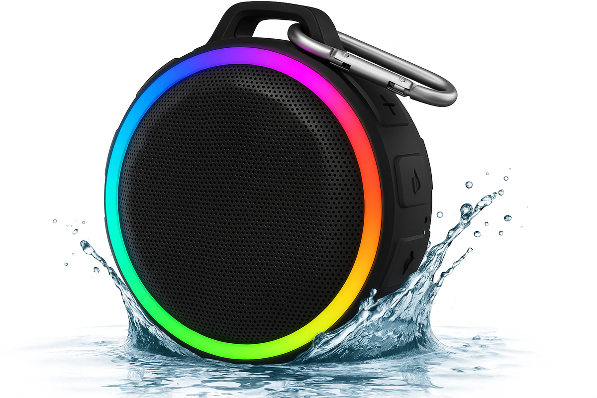 Black portable speaker with rainbow-colored rim splashing in water