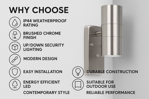 Modern Brushed Chrome IP44 Rated Up/Down Outdoor Security Wall Light