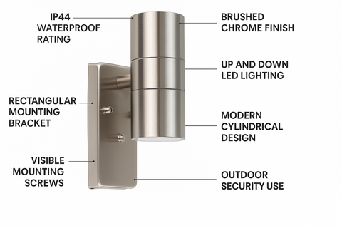 Modern Brushed Chrome IP44 Rated Up/Down Outdoor Security Wall Light