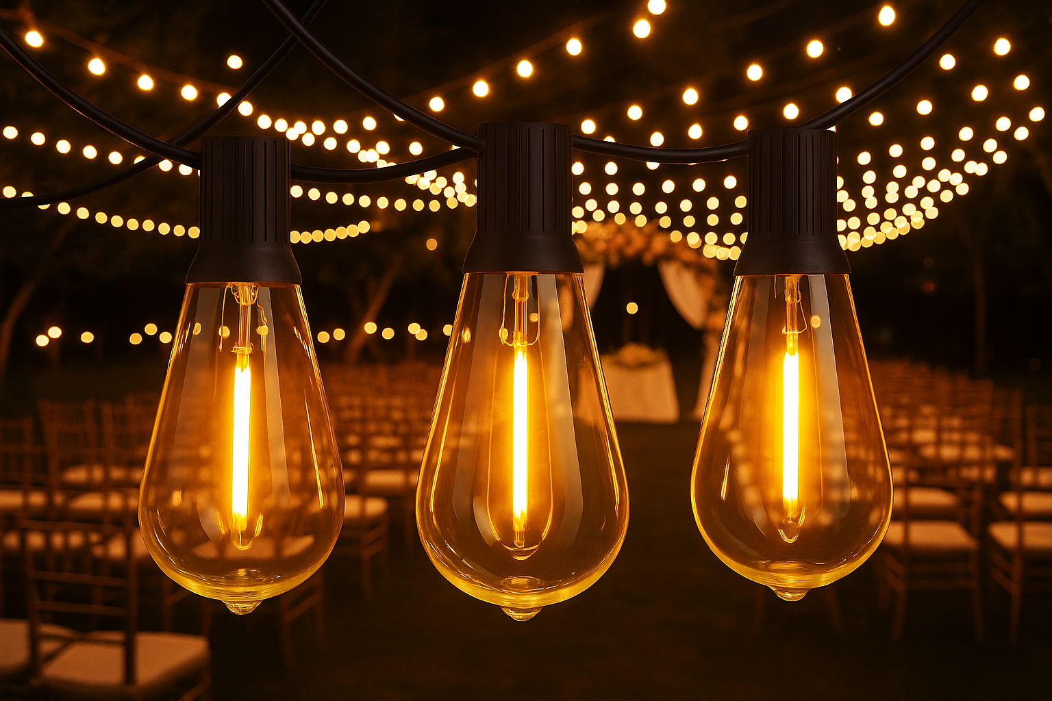 Three lit light bulbs hanging from a string of lights against a dark background.