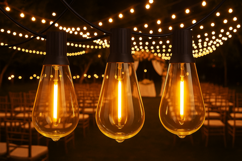 Three lit light bulbs hanging from a string of lights against a dark background.