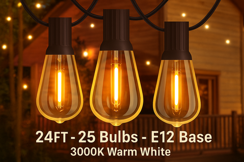 Outdoor Festoon String Lights – 15M with 50 ST64 LED Filament Bulbs – 40W, E12 Base – 3000K Warm White