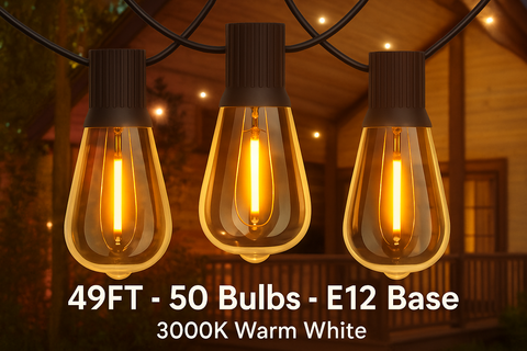 Outdoor Festoon String Lights – 15M with 50 ST64 LED Filament Bulbs – 40W, E12 Base – 3000K Warm White