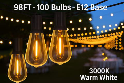 Outdoor Festoon String Lights – 15M with 50 ST64 LED Filament Bulbs – 40W, E12 Base – 3000K Warm White