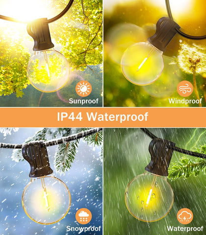 "IP44-rated G40 LED festoon lights operating during rainy evening in garden
