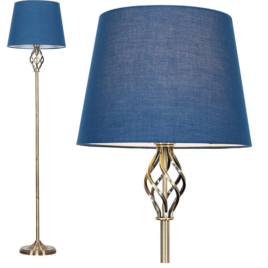 Traditional Style Antique Brass Barley Twist Floor Lamp with a Navy Blue Tapered Light Shade