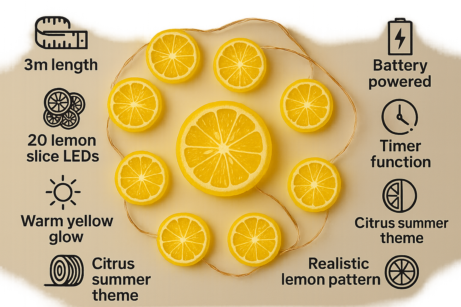  lemon slice LED string with features listed on a beige background