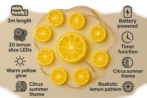 lemon slice LED string with features listed on a beige background