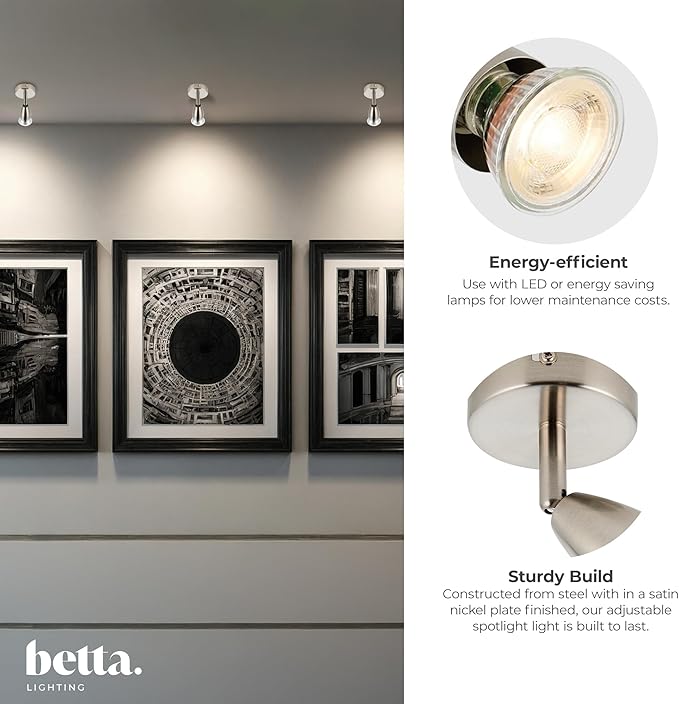  lighting fixture with energy-efficient text and product details on a wall with framed pictures.