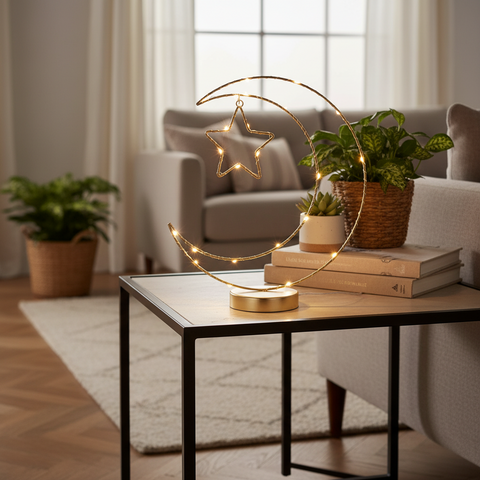 Gold Moon & Star Ramadan Table Light – 20 Warm White LED Battery Operated Decoration with Timer