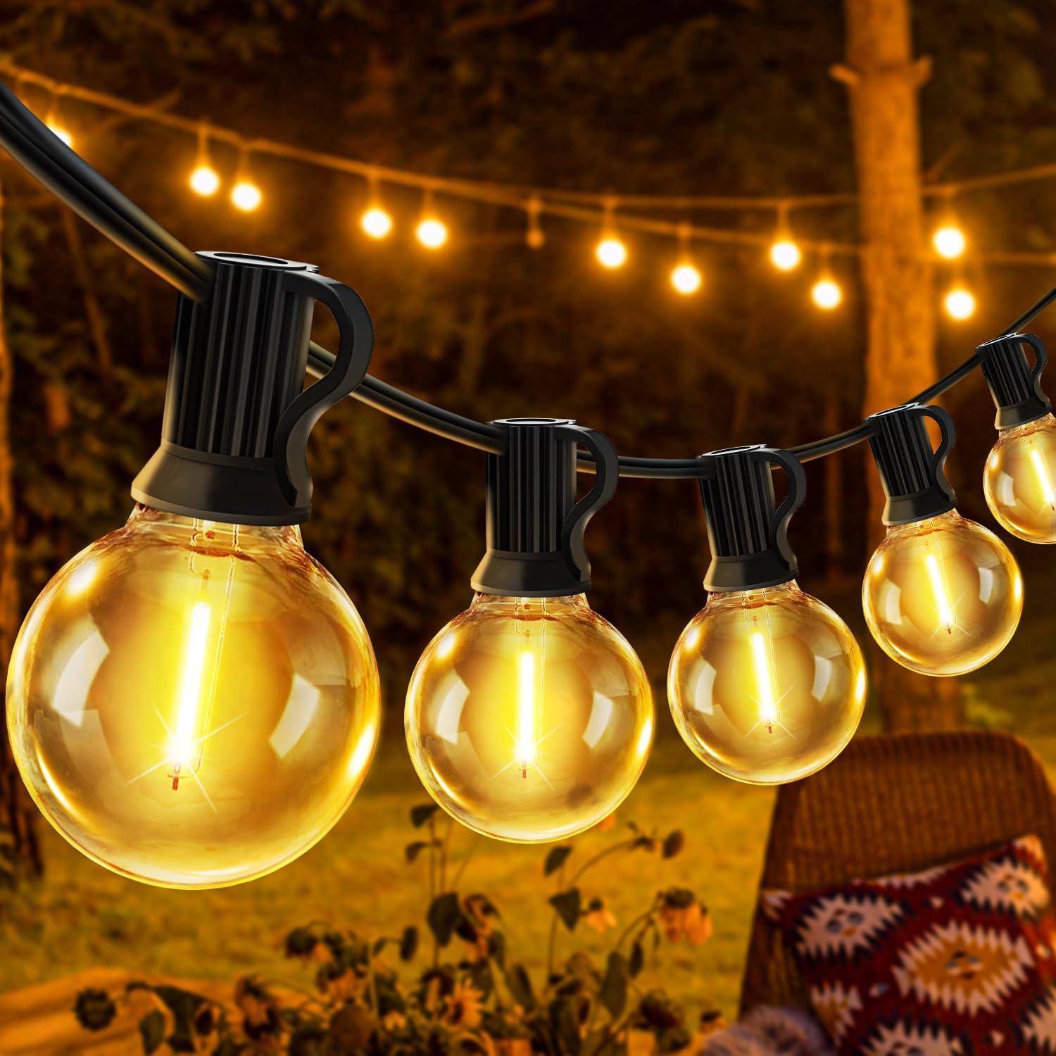 mains-powered G40 festoon lights illuminating garden pergola with warm white glow
