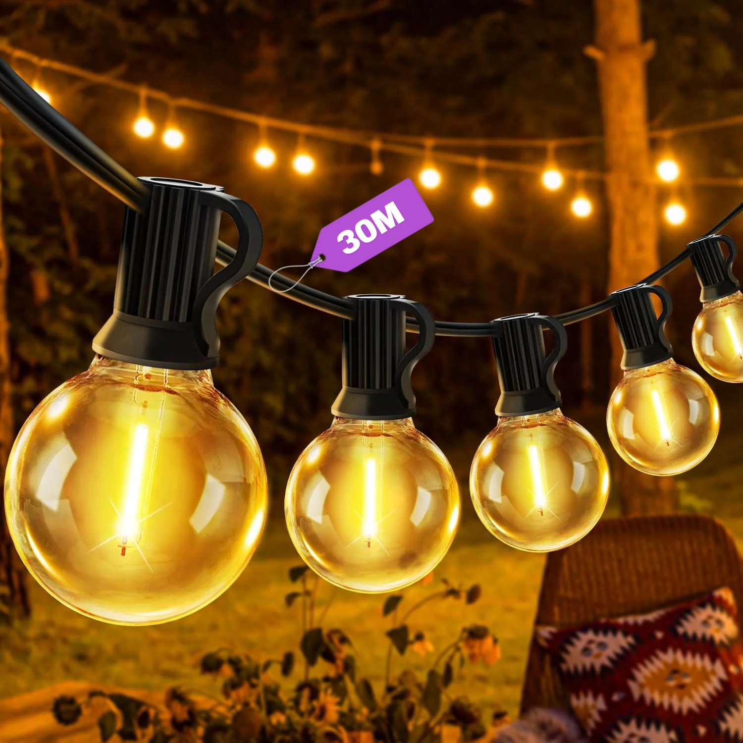 mains-powered G40 festoon lights illuminating garden pergola with warm white glow
