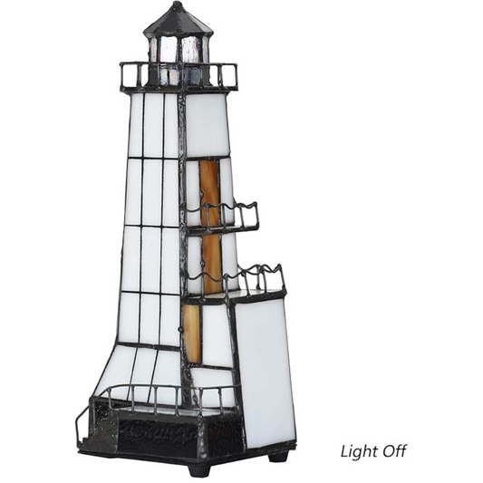 Lighthouse Tiffany Style Stained Glass Accent Table Lamp Night Light with Lookout Platform for Home Decoration