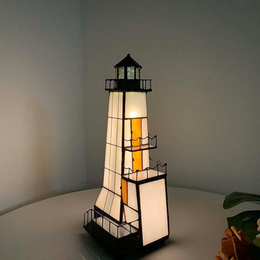 Lighthouse Tiffany Style Stained Glass Accent Table Lamp Night Light with Lookout Platform for Home Decoration