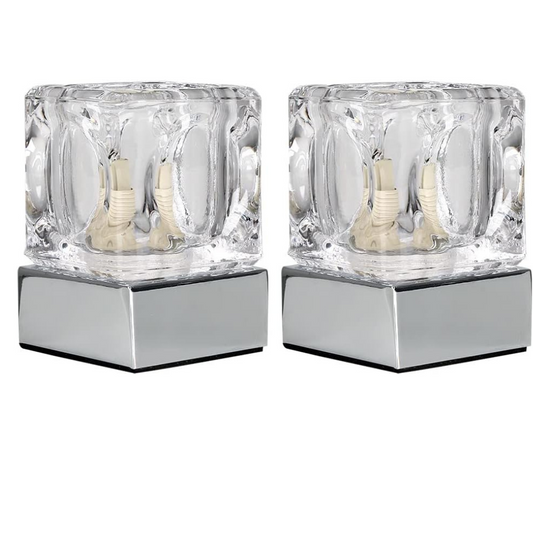 Pair of - Modern Glass Ice Cube Touch Table Lamps with Chrome Bases